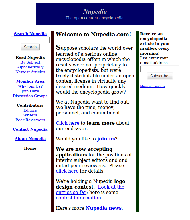 Nupedia — March 2000 website screenshot, 2000