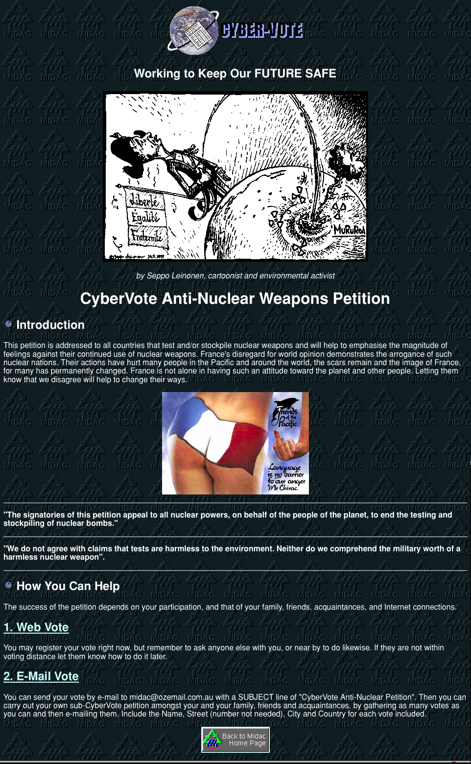 Midac CyberVote website screenshot, 1995