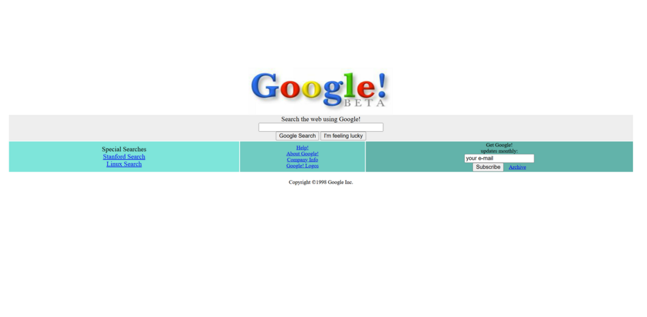 Google website screenshot, 1998