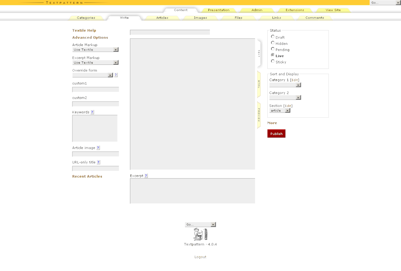 Textpattern editor website screenshot, 2007