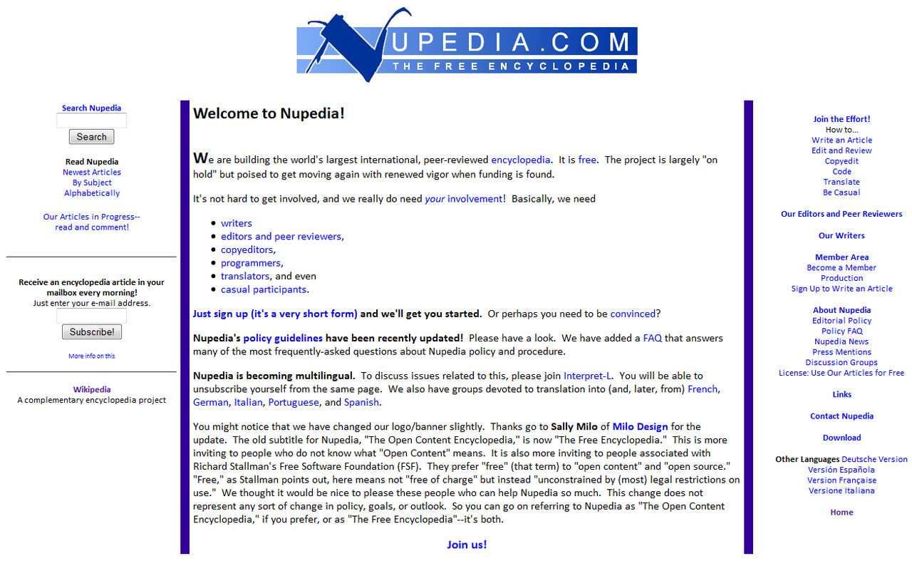 Nupedia homepage website screenshot, 2003